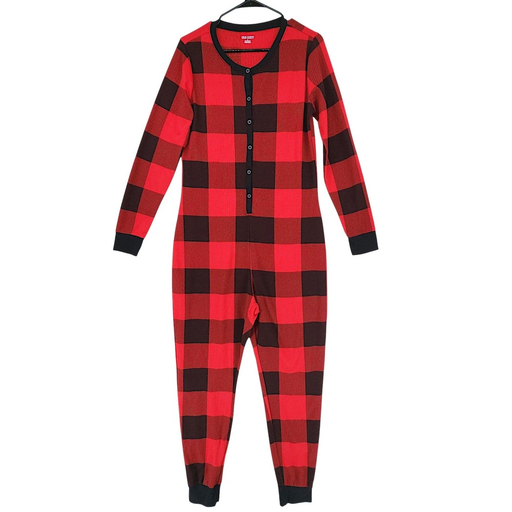 Old Navy One Piece L Womens Thermal Red Buffalo Plaid Pajamas Henley Long Johns